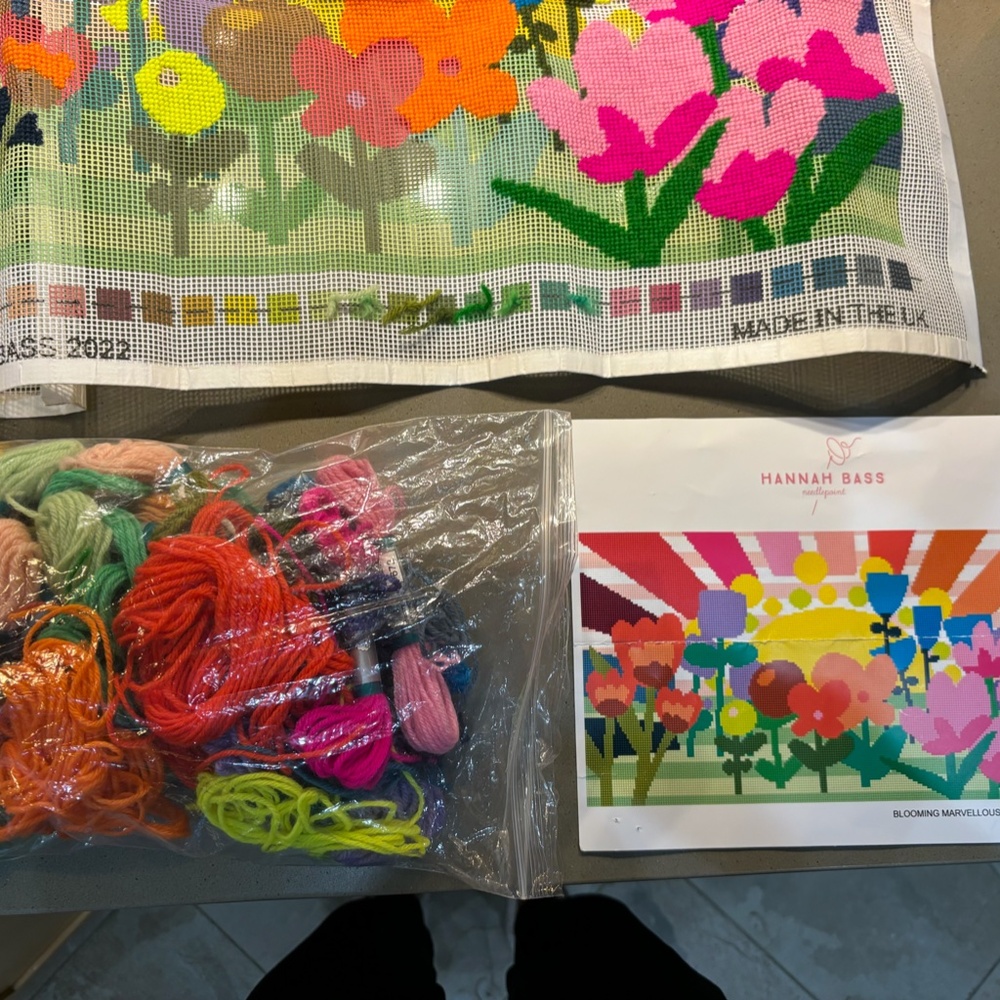 Hannah Bass Blooming Marvelous Needlepoint kit, partially completed